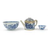 Chinese porcelain including a blue and white teapot and two bowls hand painted with flowers and