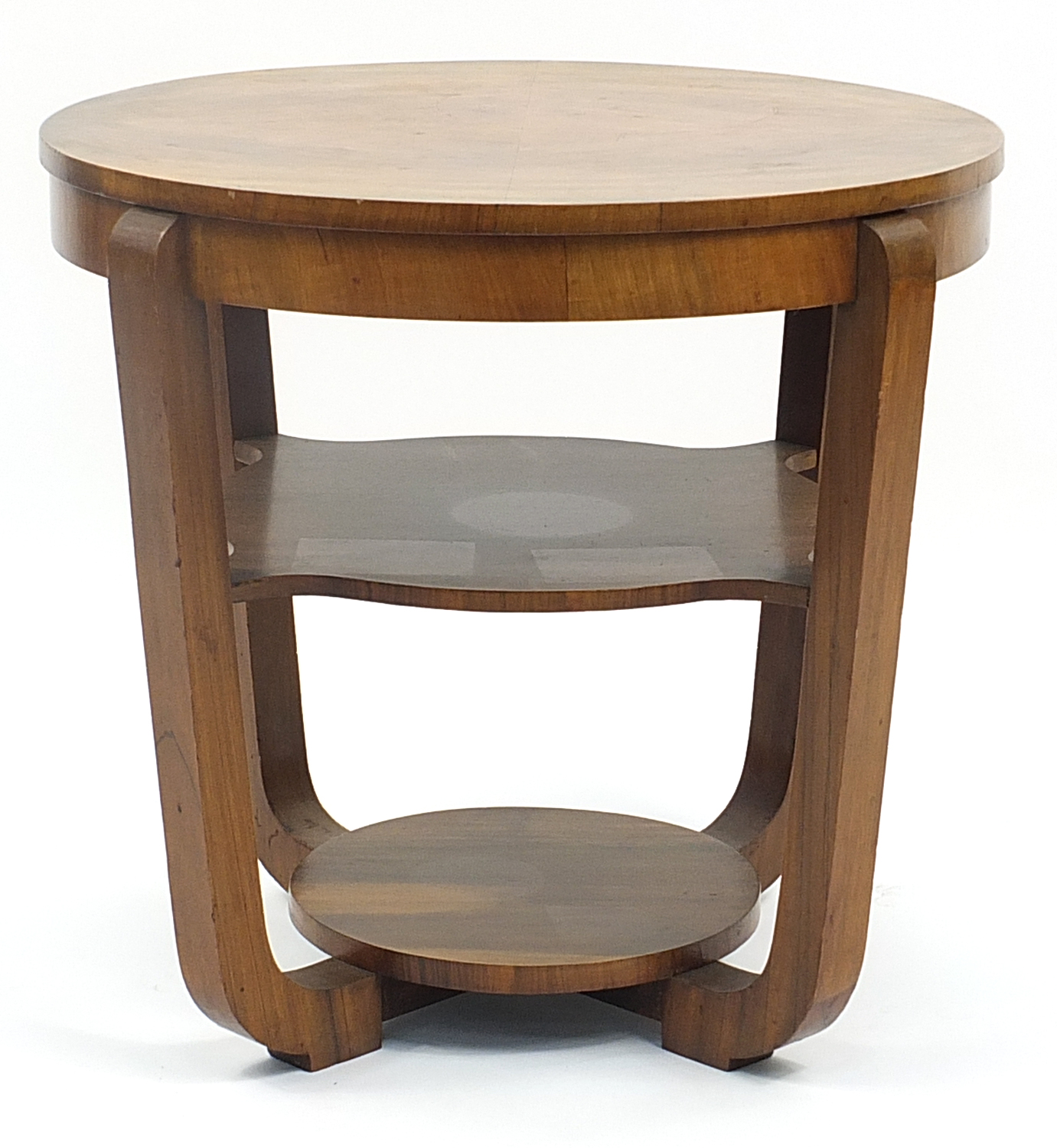 Art Deco walnut quarter veneered occasional table with under tier, 56cm high x 58cm in diameter