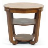 Art Deco walnut quarter veneered occasional table with under tier, 56cm high x 58cm in diameter