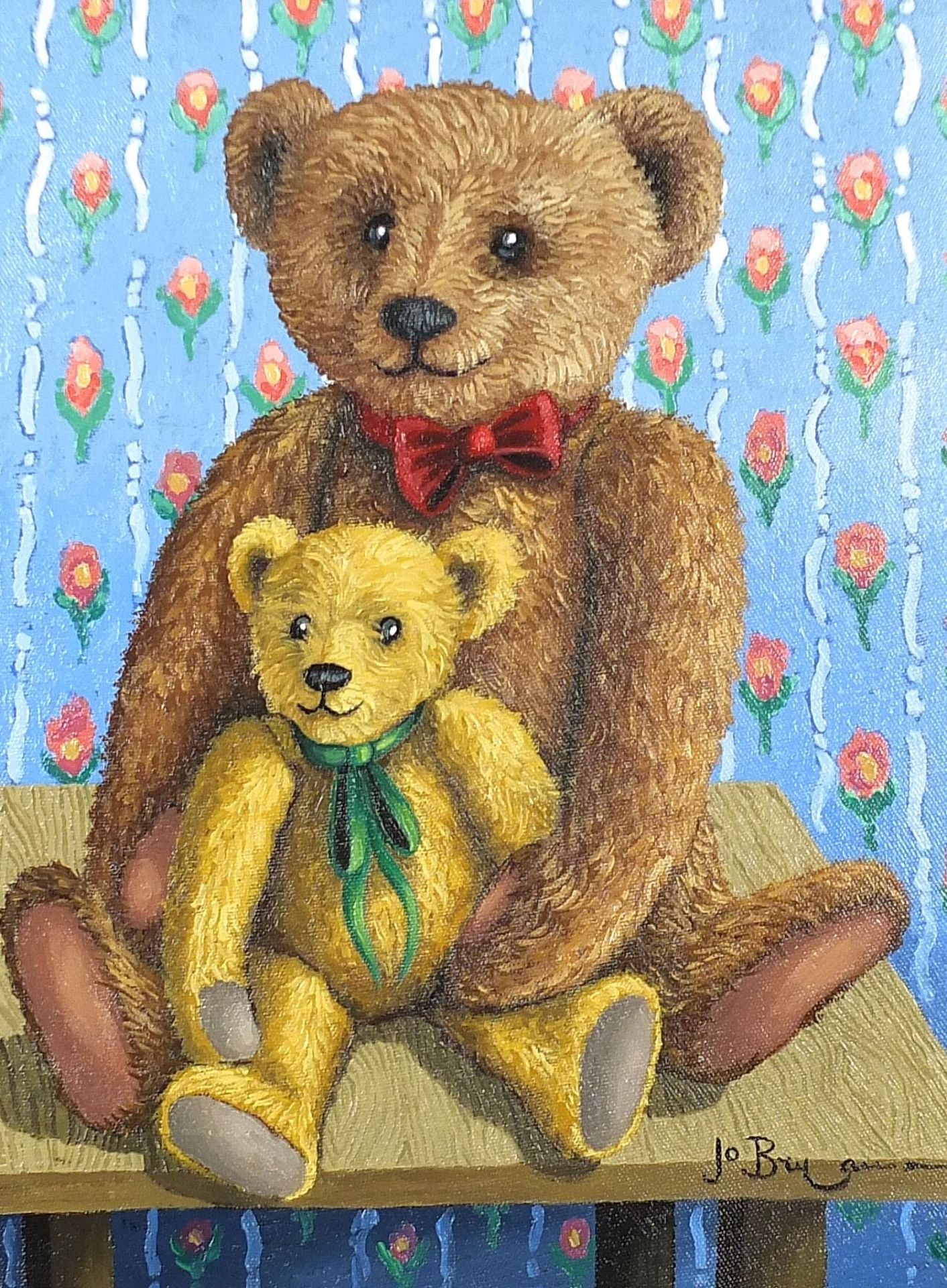 Jo Bryan - Best of Friends, teddy bear, oil on canvas, mounted and framed, 39cm x 29cm excluding the
