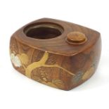 Japanese wooden tobacco bon lacquered with leaves having a metal liner, signed with character