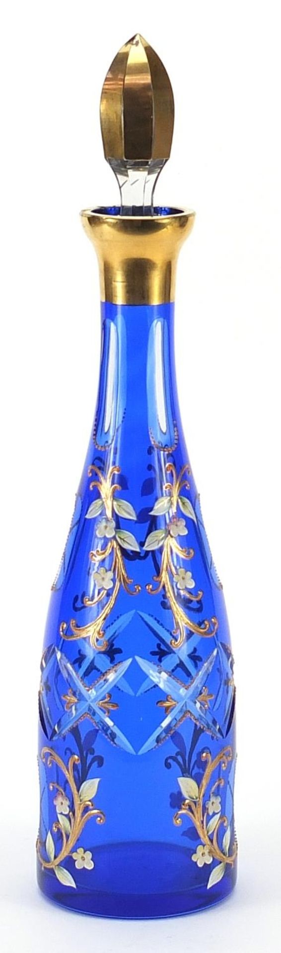 Attributed to Moser, Bohemian blue overlaid glass decanter enamelled with flowers, 40cm high - Bild 2 aus 3