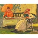 Two females seated at a table, oil on board, mounted and framed, 10.5cm x 8.5cm excluding the