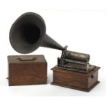 Oak cased phonograph with tin horn, 21cm wide