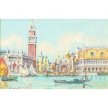 Venetian landscape with gondolas, oil/acrylic on canvas, indistinctly signed, inscribed verso A
