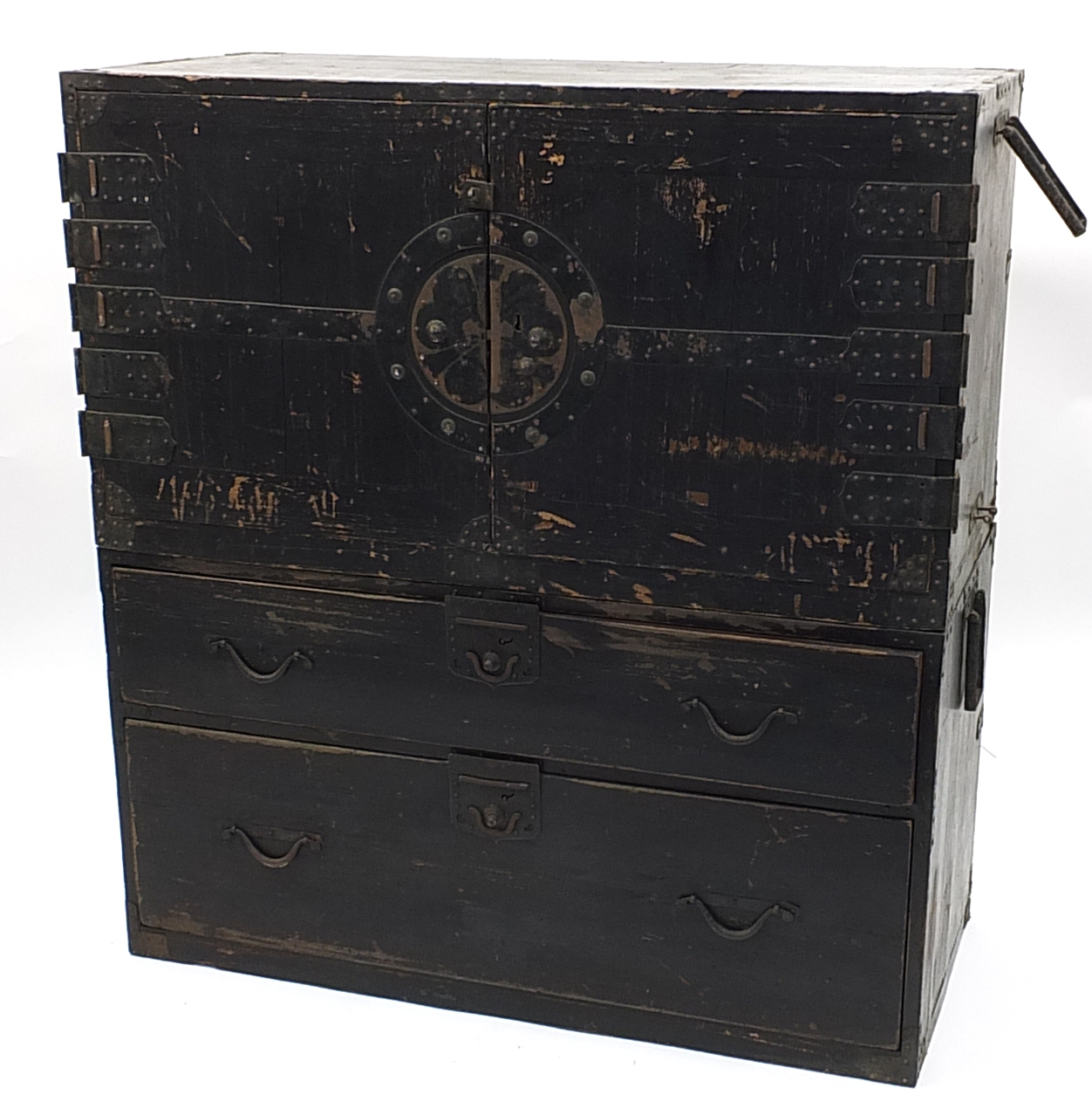 19th century Japanese iron bound two section tansu chest, 93.5cm H x 91cm W x 41.5cm D
