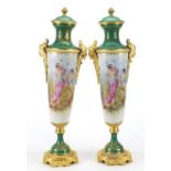 Large pair of French porcelain vases and covers with gilt bronze mounts in the style of Sevres, each