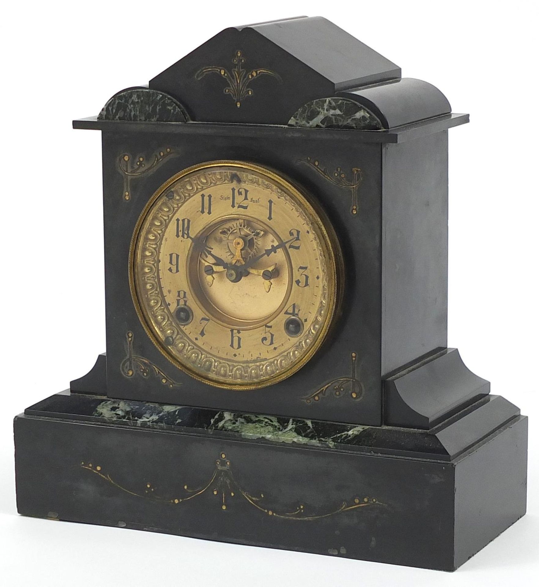 Victorian black slate and marble mantle clock, 29cm high