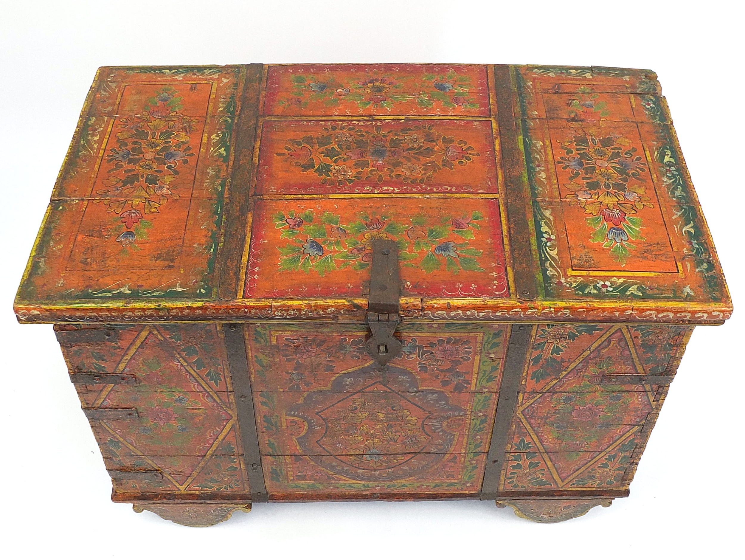 Indian metal bound chest hand painted with flowers, 66cm H x 96cm W x 54cm D - Image 3 of 6