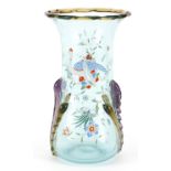 Attributed to Moser, Bohemian green glass vase enamelled with a peacock amongst flowers, 23cm high