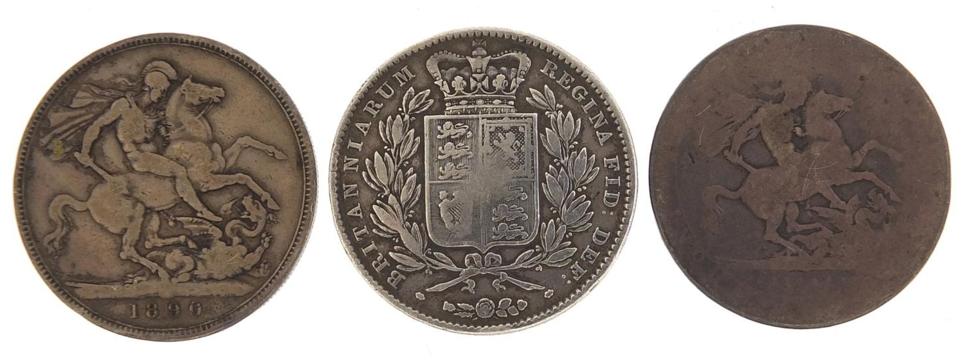 Three George III and later silver crowns including 1845 and 1890
