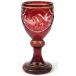Bohemian ruby overlaid glass goblet etched with two geese, 19.5cm high
