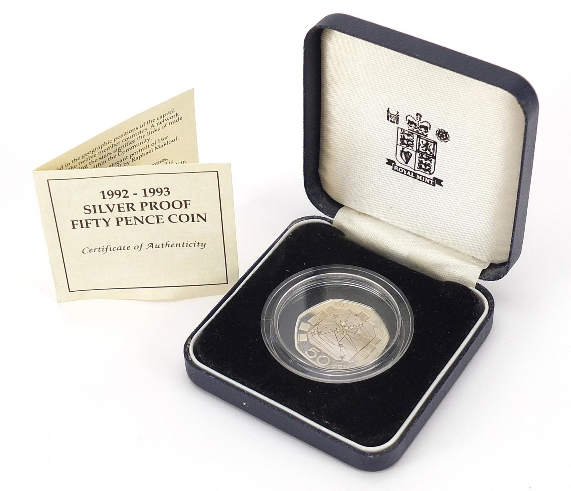 Elizabeth II 1992-1993 silver proof fifty pence piece with box