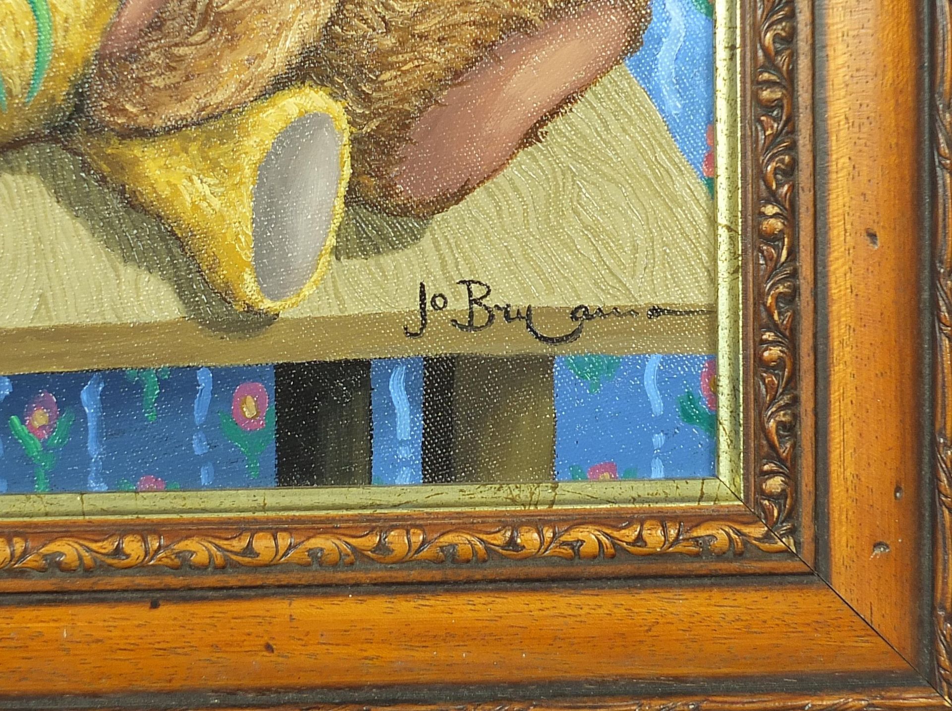 Jo Bryan - Best of Friends, teddy bear, oil on canvas, mounted and framed, 39cm x 29cm excluding the - Image 3 of 5