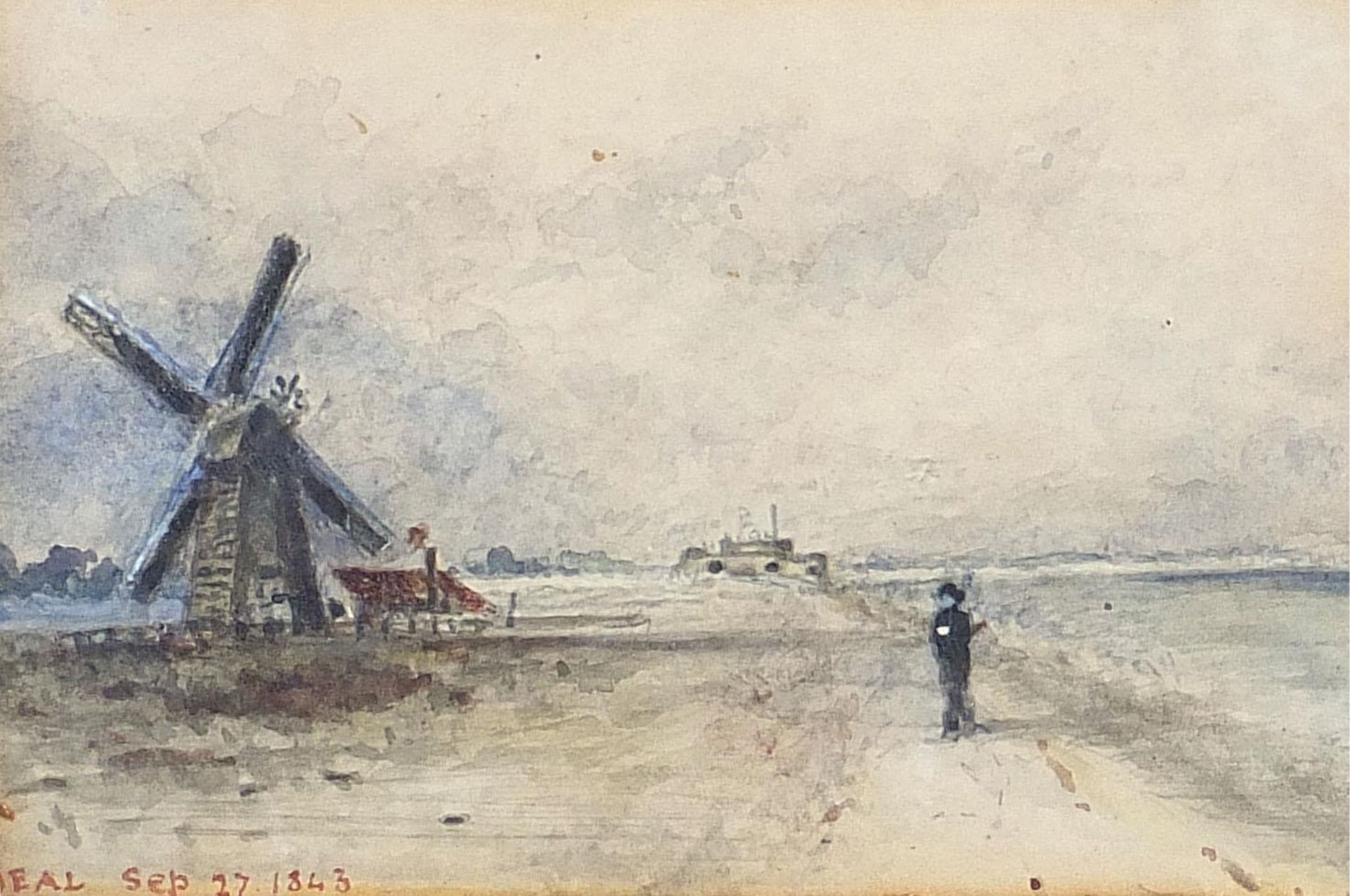 Figure beside a windmill, Deal, 19th century watercolour, mounted, framed and glazed, 13cm x 8.5cm