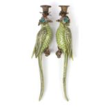 Pair of continental porcelain bird design wall sconces with bronze mount ins, 48cm high