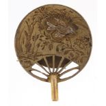 Japanese silver lapel in the form of a fan with bird, 2.5cm in diameter