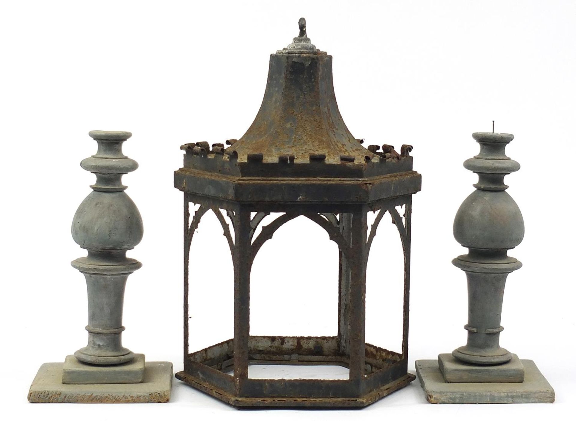 Vintage wrought iron lantern and a pair of turned wood candle stands, the lantern 49cm high - Image 2 of 3