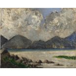 After Paul Henry - River before mountains, Irish school oil on canvas, unframed, 50.5cm x 40.5cm