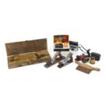 Sundry items including vintage woodworking planes, two brass telescope lenses and Kodak Instamatic