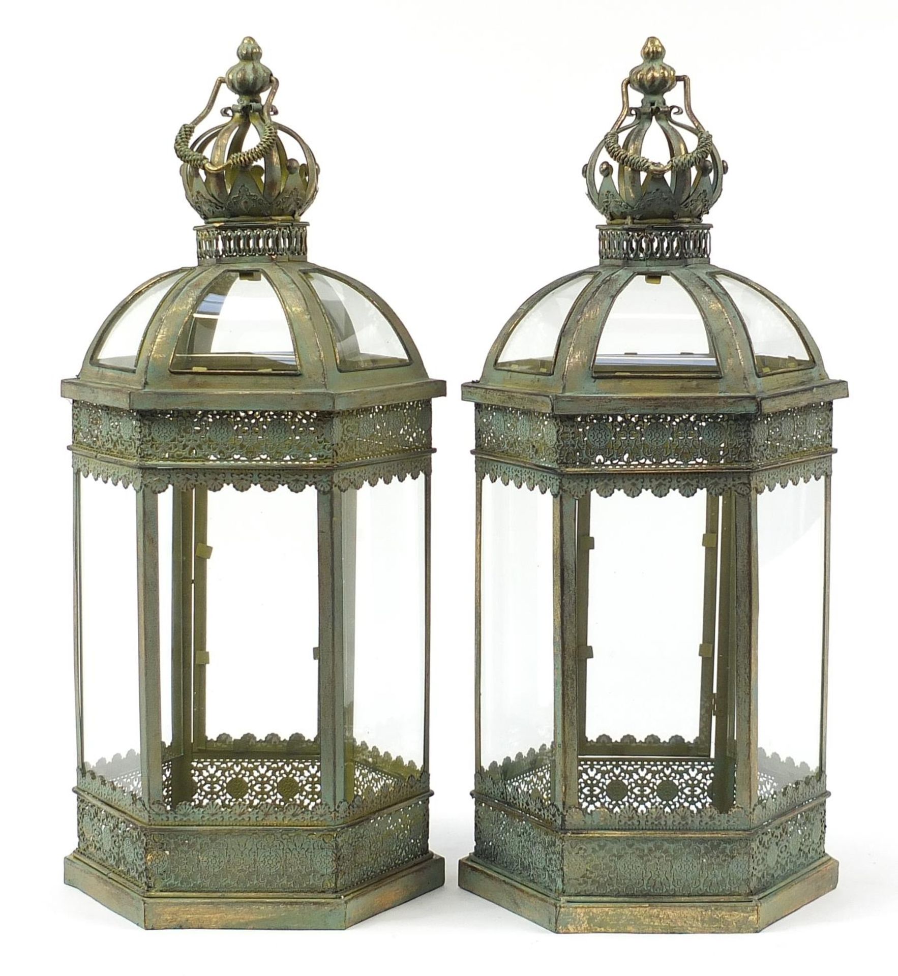 Large pair of bronzed metal and glass hanging lanterns, 62cm high - Image 2 of 3