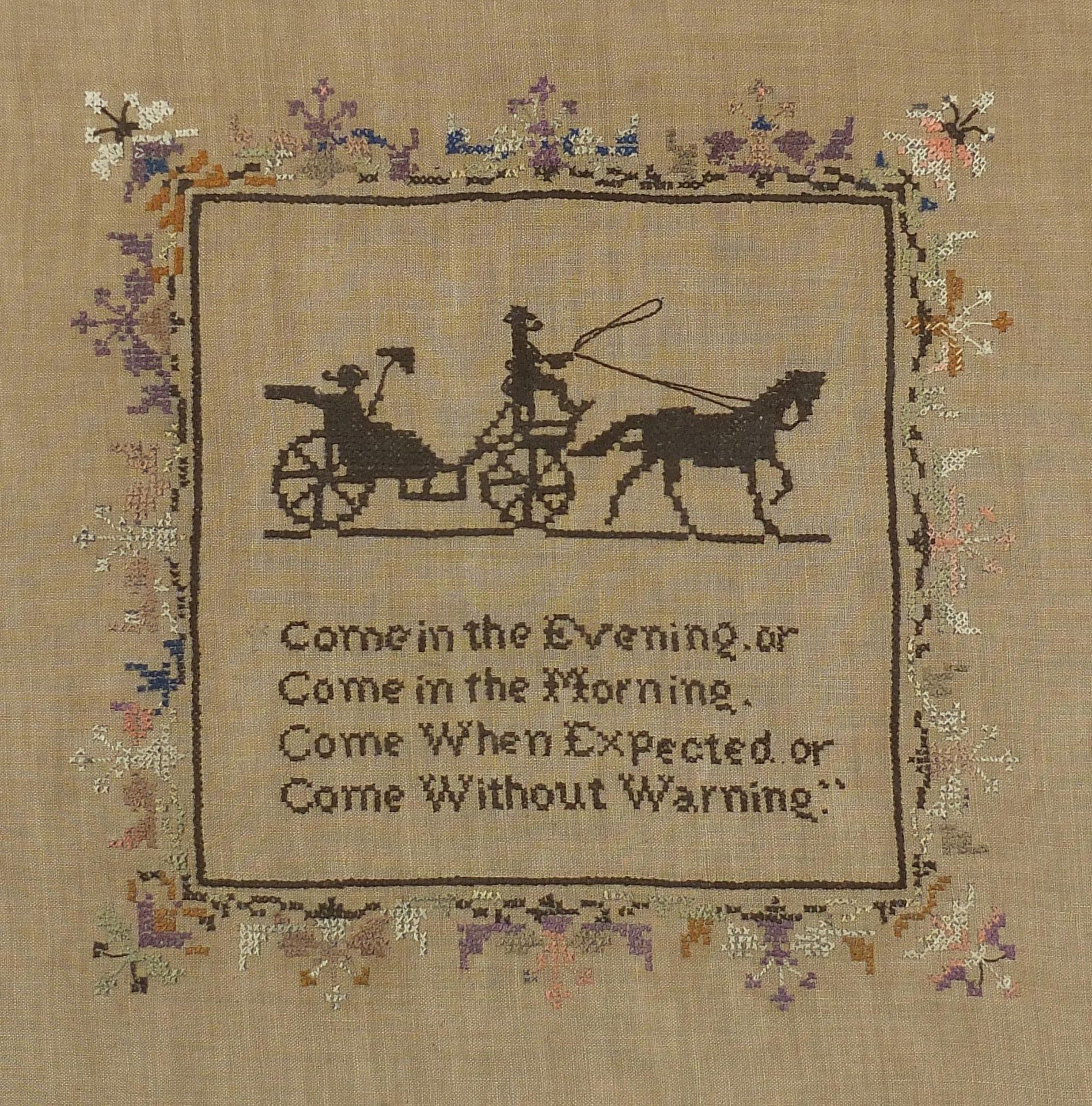 Antique cross stitch embroidery sampler with verse and horse and cart, framed and glazed, 38cm x