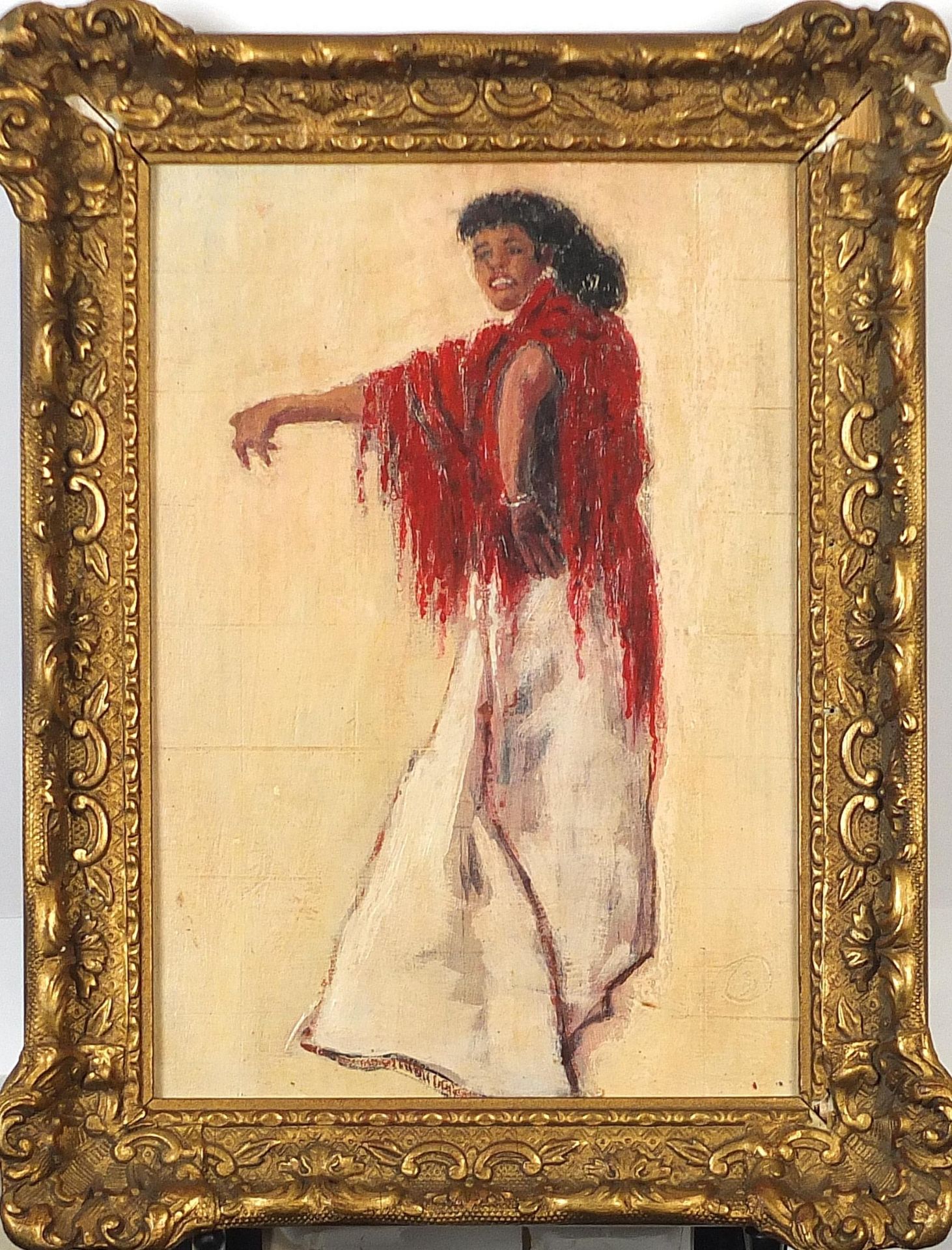 Female dancing, Spanish oil on board, framed, 23cm x 16cm excluding the frame - Image 2 of 4