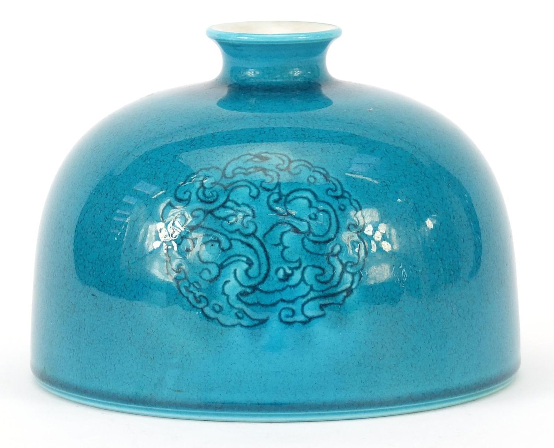 Chinese porcelain bee hive water pot having a turquoise glaze, decorated in low relief with stylised - Image 2 of 3