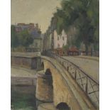 Bridge above water before a town, French oil on board, A Drouant, Paris stamp verso, mounted and
