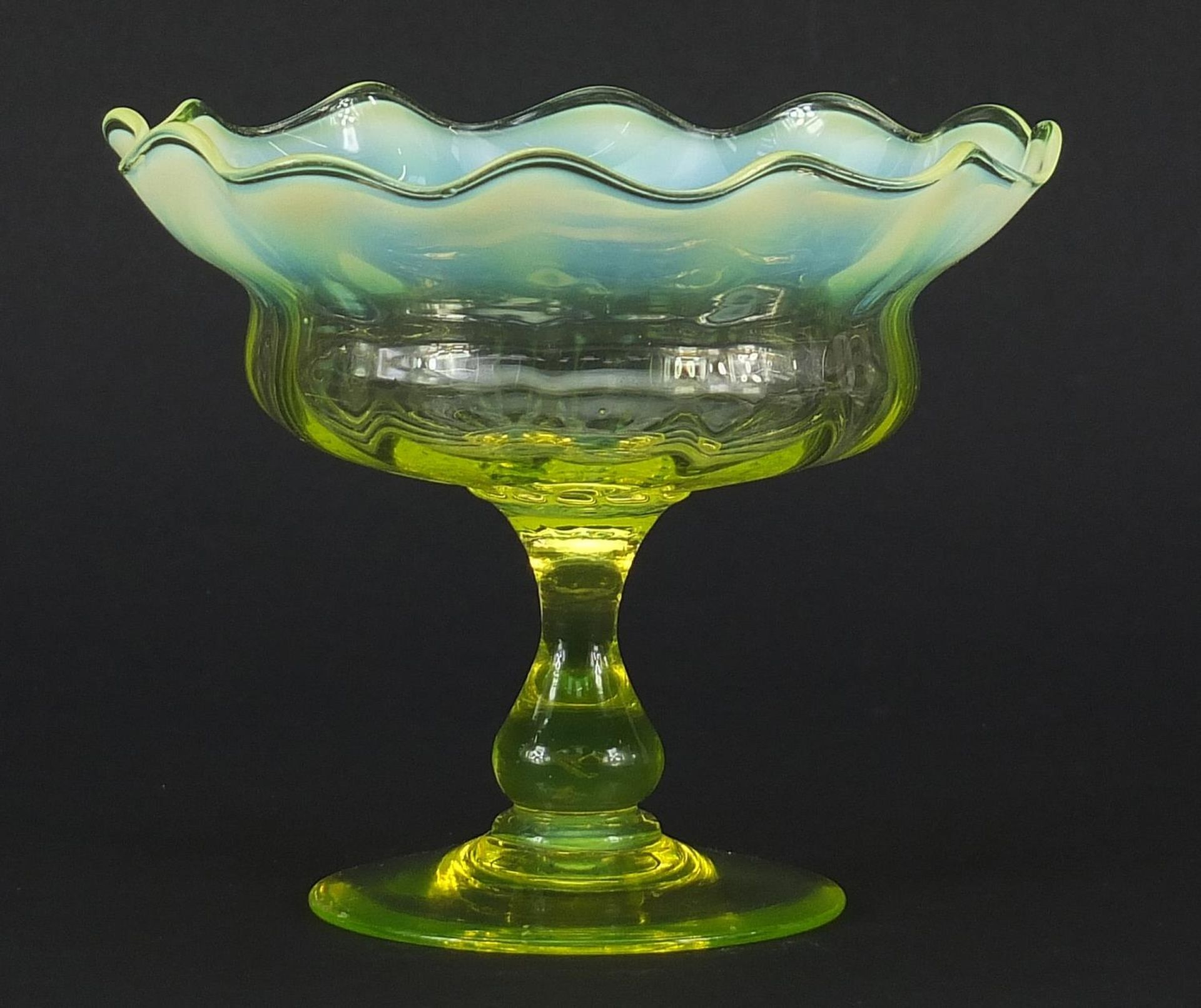 Art Nouveau Vaseline glass pedestal bowl with frilled rim, 12.5cm high x 15cm in diameter - Image 2 of 3