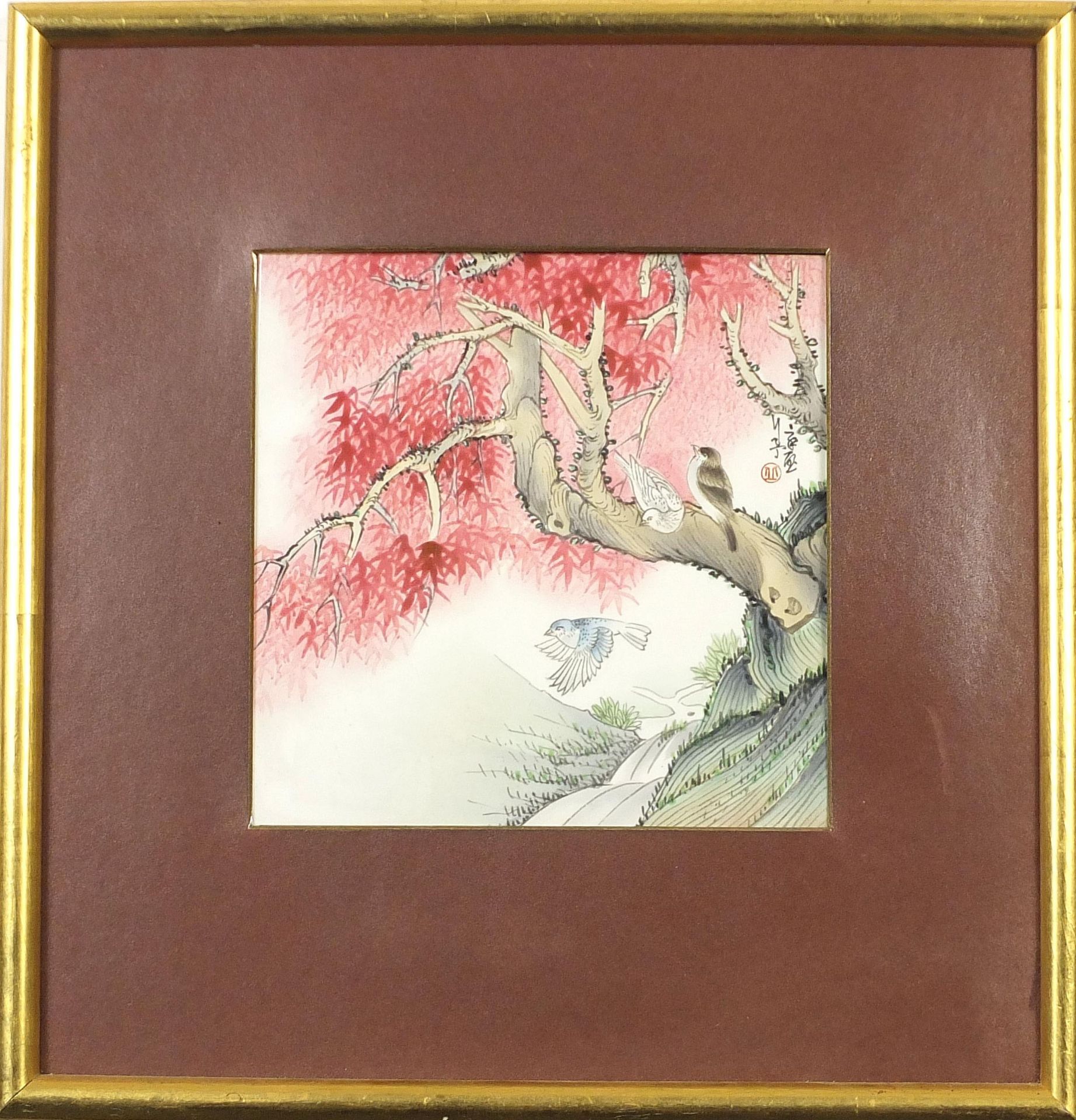 Chinese porcelain panel hand painted with birds amongst trees with character marks and red seal - Image 2 of 3