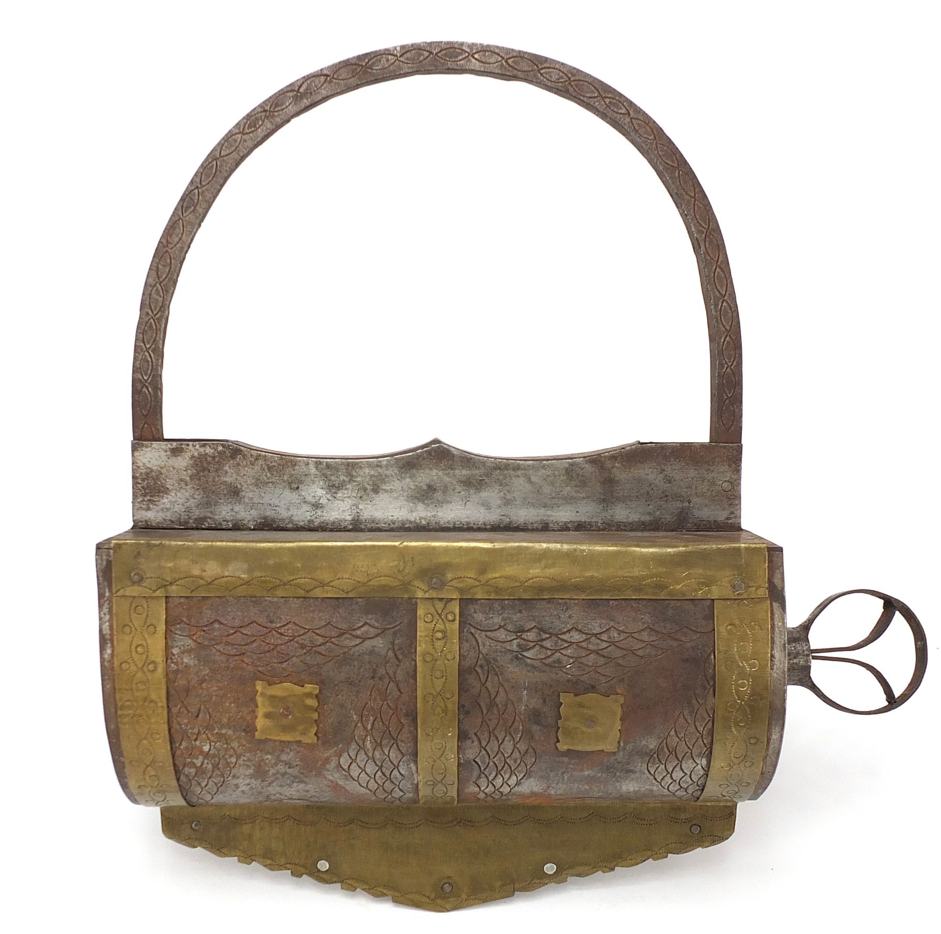 Large Middle Eastern steel lock with brass mounts, 38.5cm high - Image 2 of 2