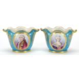 Sevres, pair of 19th century French porcelain jewelled cache pots hand painted with portraits of