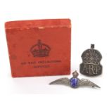 Two British military interest silver brooches comprising ARP and enamelled RAF wings, 5.6cm wide