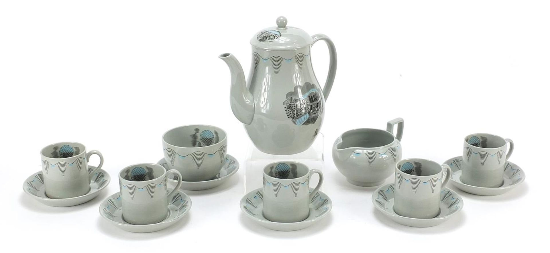Wedgwood Travel pattern six place coffee service designed by Eric Ravilious, the coffee pot 16.5cm
