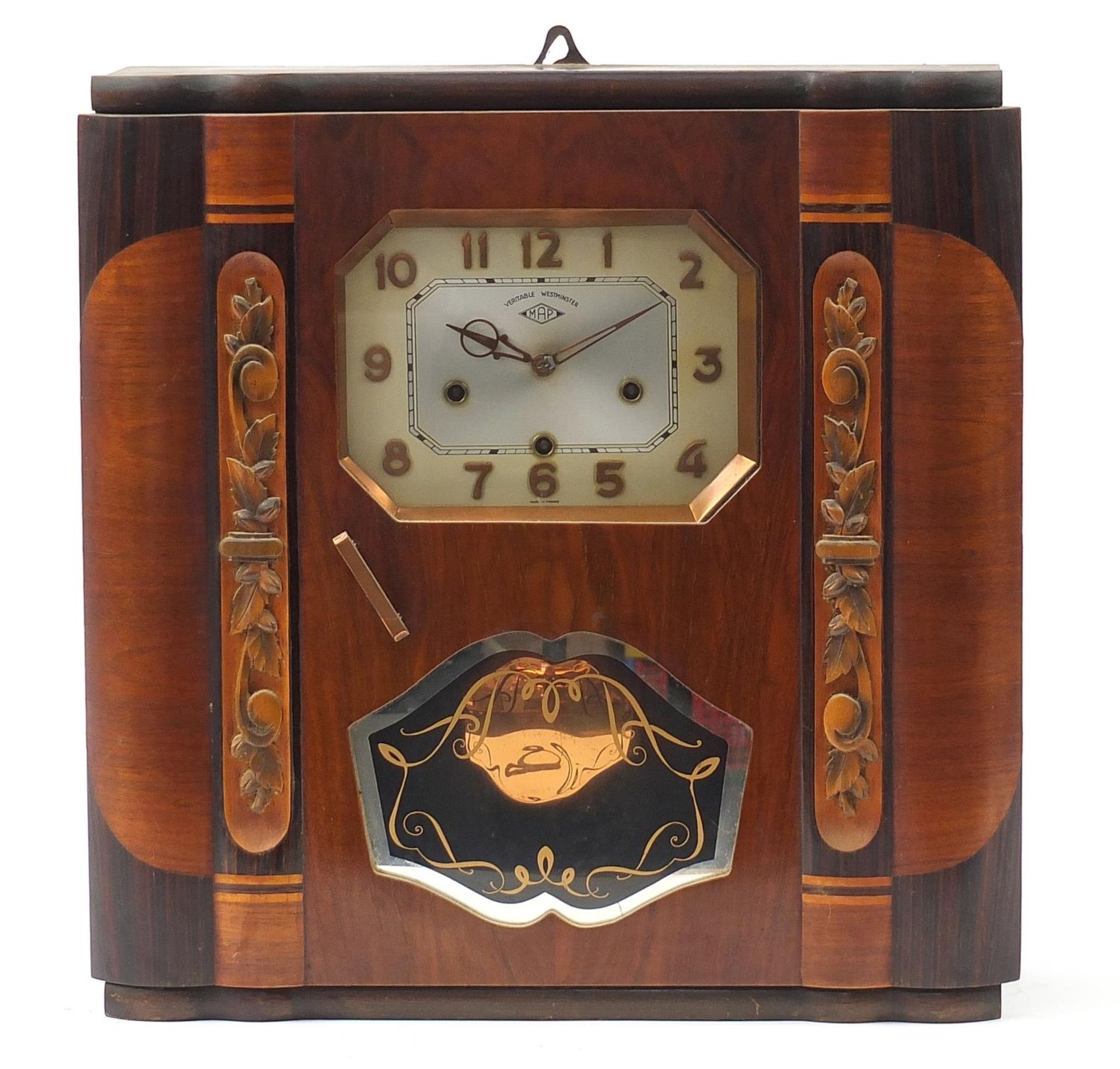 MAP, French Art Deco walnut wall clock with Westminster chime, 55cm H x 53cm W x 17cm D - Image 2 of 3