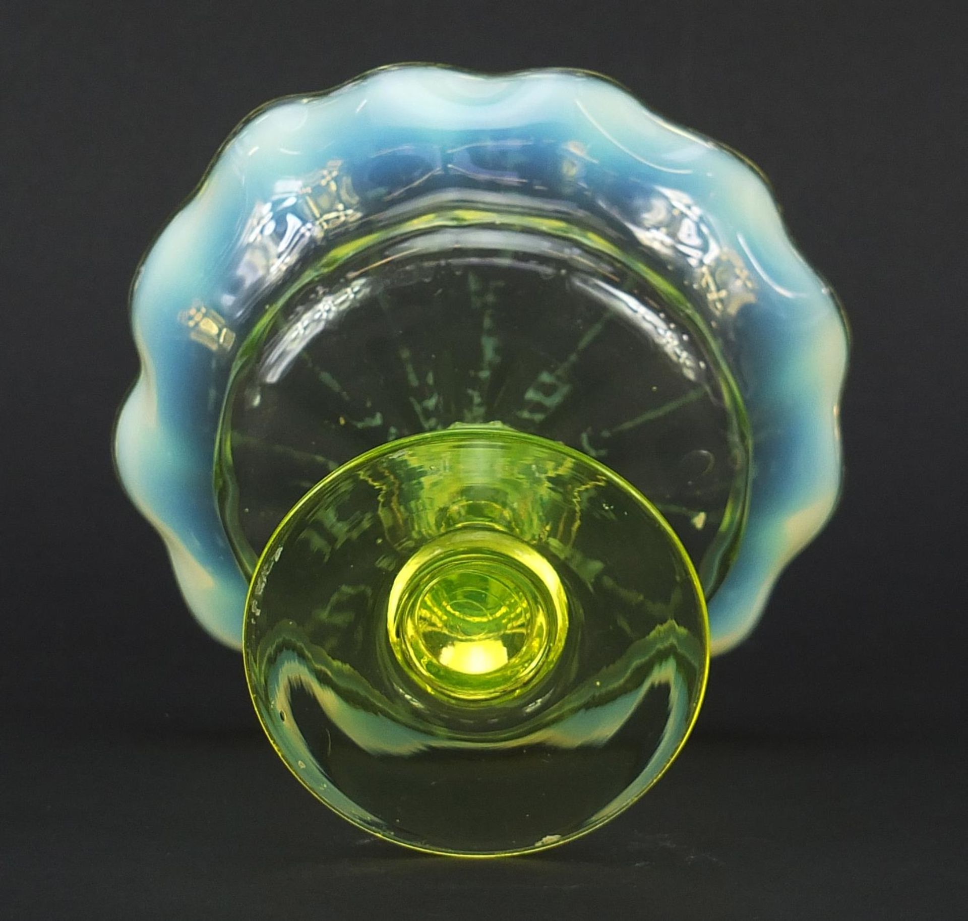 Art Nouveau Vaseline glass pedestal bowl with frilled rim, 12.5cm high x 15cm in diameter - Image 3 of 3