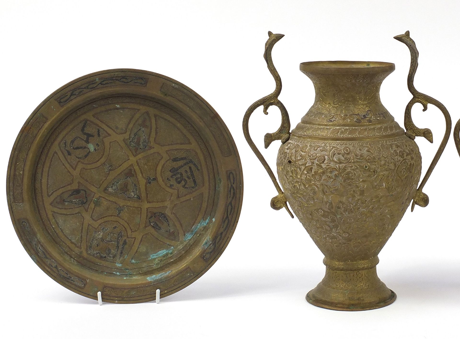 Indian and Middle Eastern metalware including a pair of vases with serpent handles decorated with - Image 2 of 7