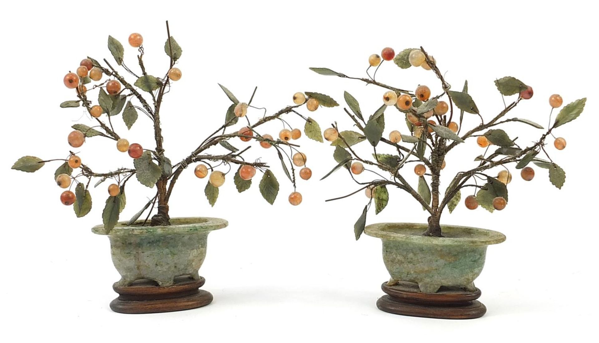 Pair of Chinese jade and hardstone bonsai trees raised on hardwood bases, the largest 20cm high - Image 2 of 3