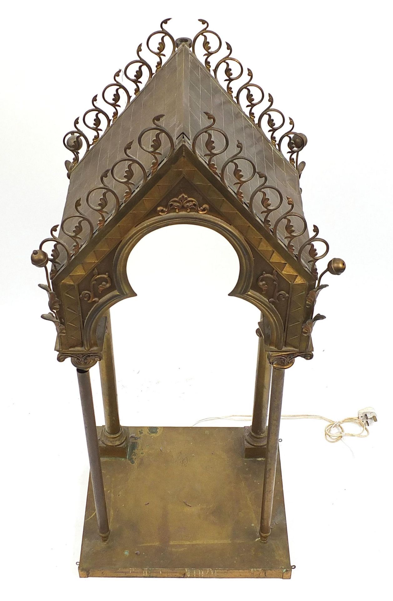 French 19th century brass Gothic design shrine, 124cm H x 48cm W x 38cm D - Image 3 of 4