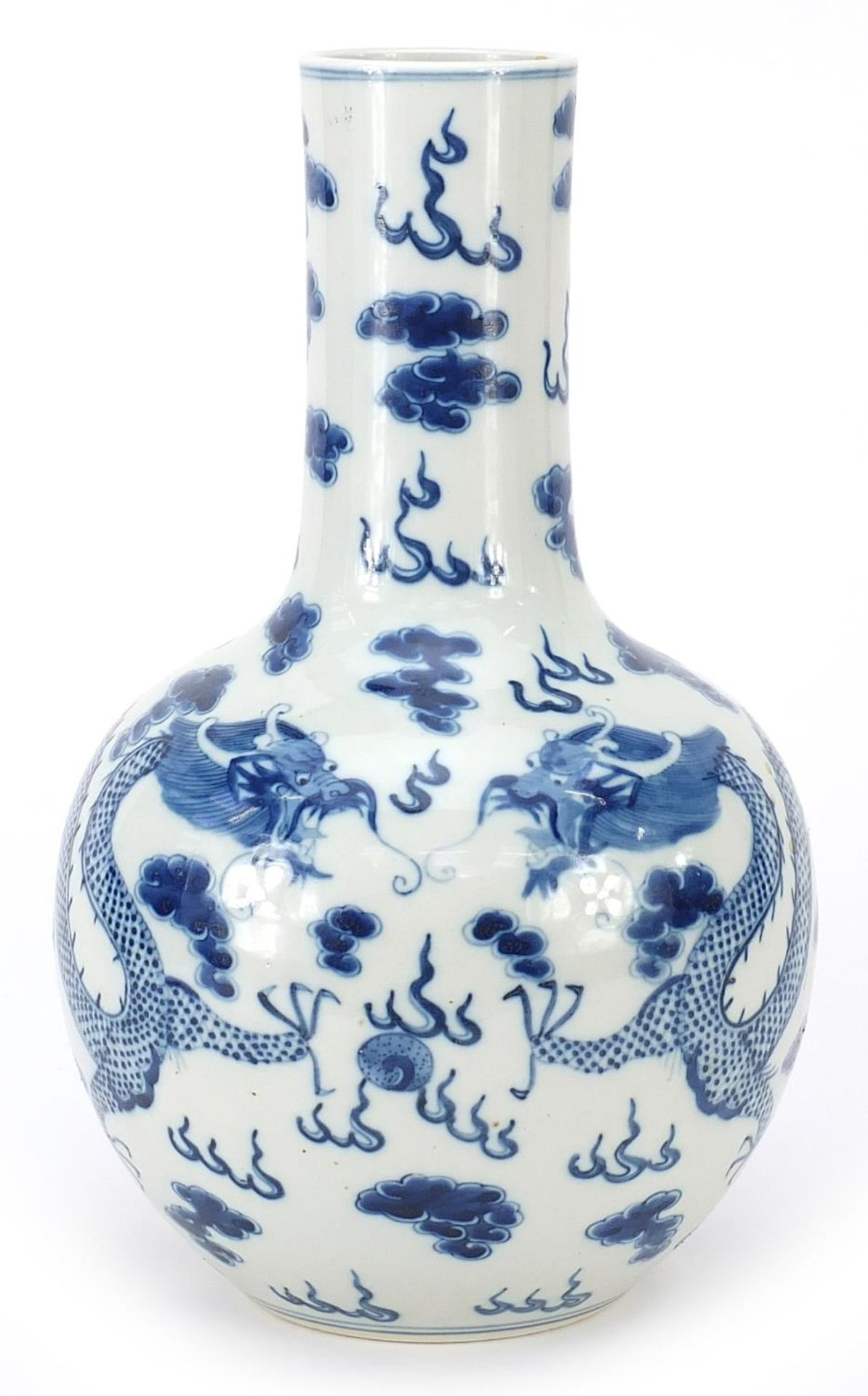 Chinese blue and white porcelain vase hand painted with dragons chasing a flaming pearl amongst