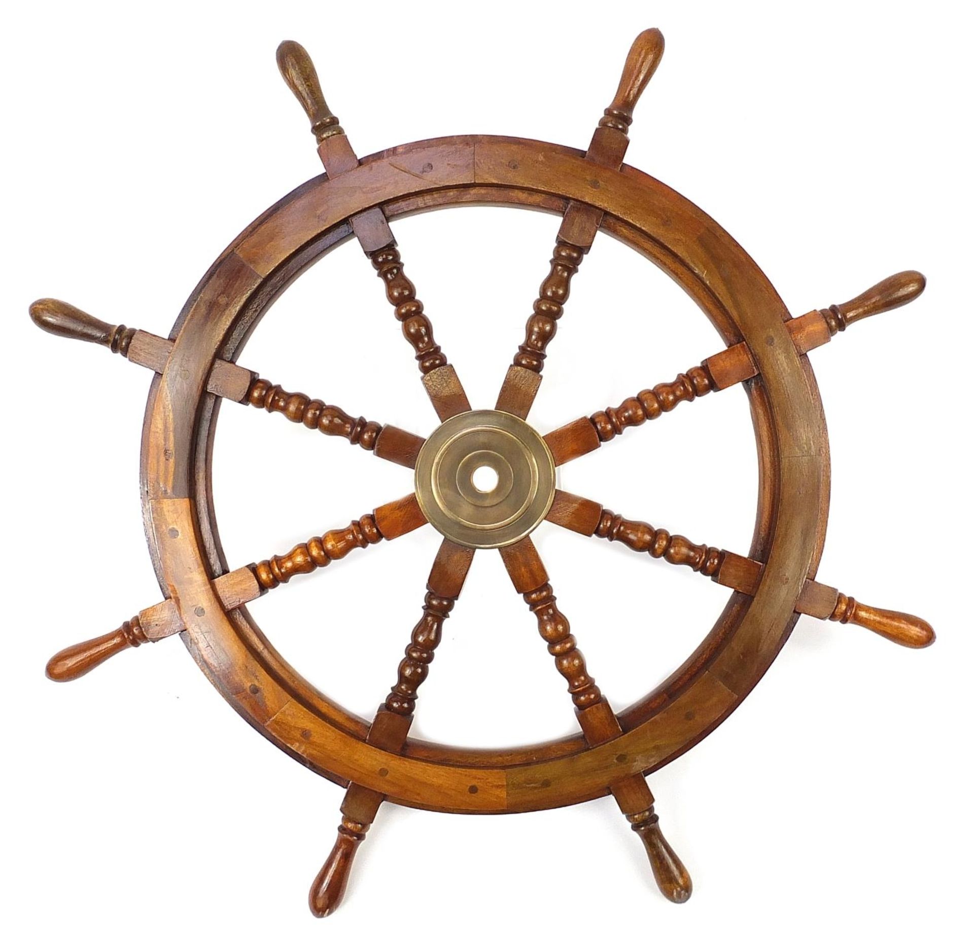 Large mahogany and brass ship's wheel, 92cm in diameter