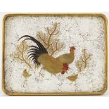 Japanese lacquered pin tray gilded with two cockerels and chicks, 13cm wide