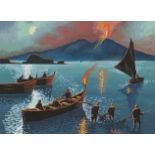 After Attilio Pratella - Fishermen at Bay of Naples before Vesuvius erupting, Italian school gouache