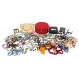 Costume jewellery and a Harris Tweed cufflink box including necklaces, bracelets and enamelled