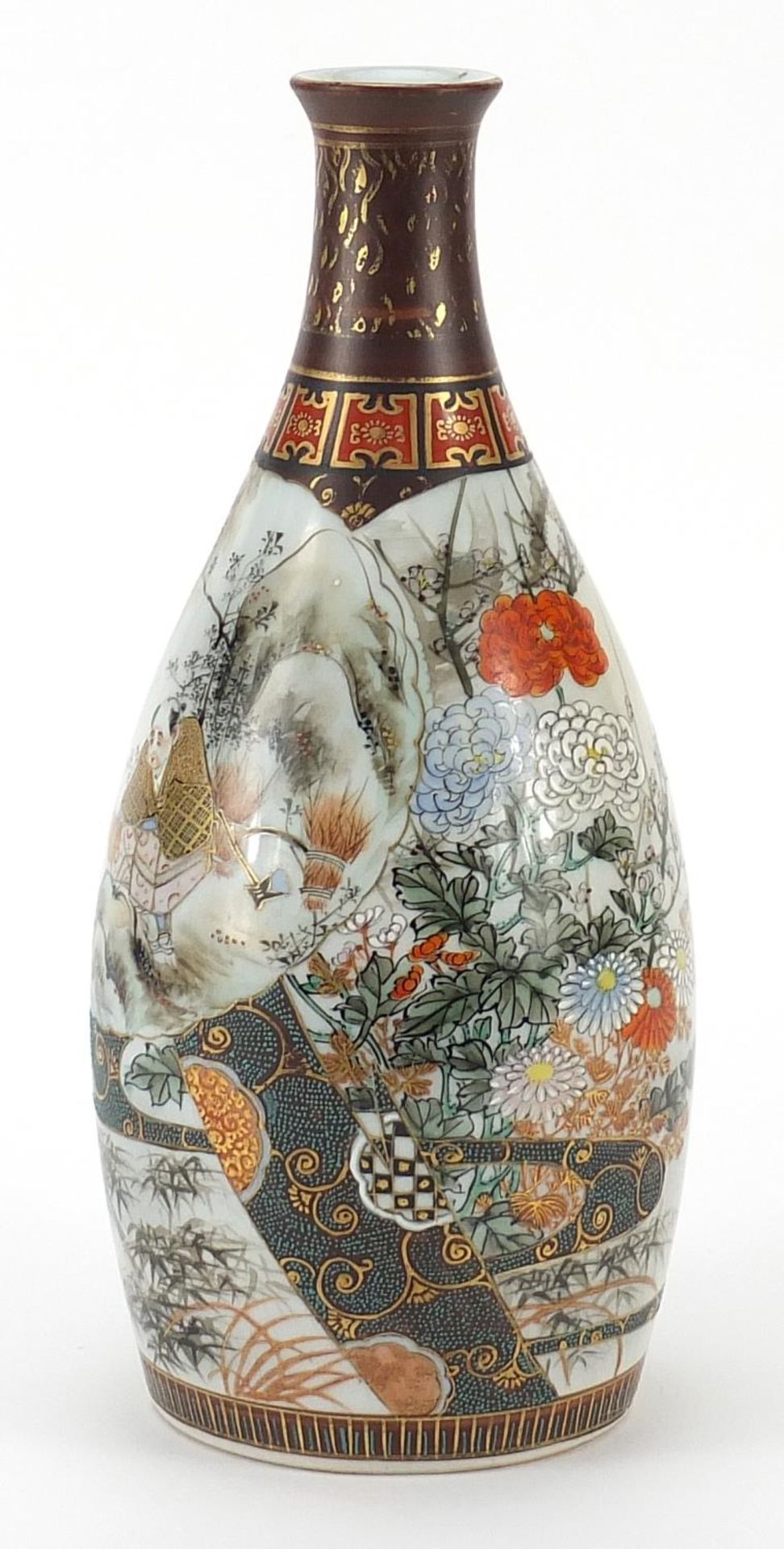 Japanese Kutani porcelain sake bottle, hand painted with figures and flowers, character marks to the