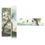 Birds amongst trees, set of three Japanese watercolours, each with red seal marks, mounted, framed