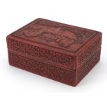 Large Chinese cinnabar lacquered box and cover carved with figures in a landscape and flowers,