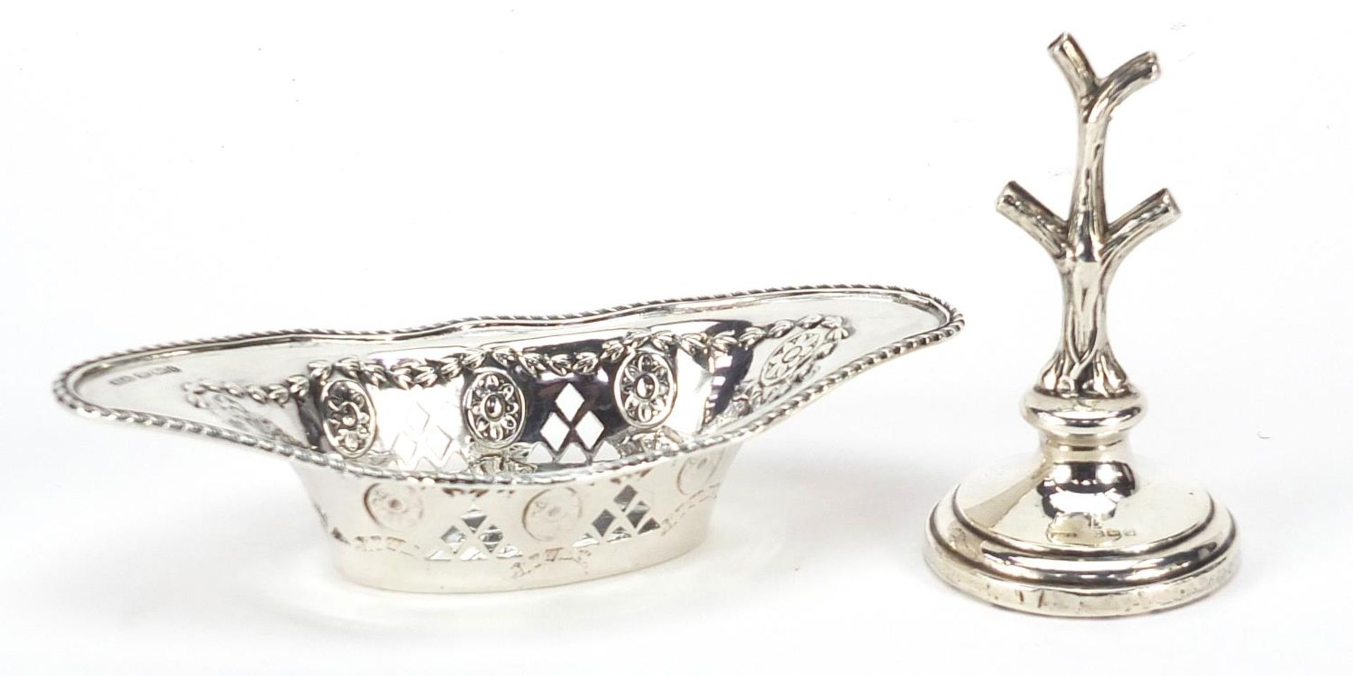 Silver objects comprising Edward VII oval silver pierced bonbon dish embossed with swags by Henry - Image 2 of 4