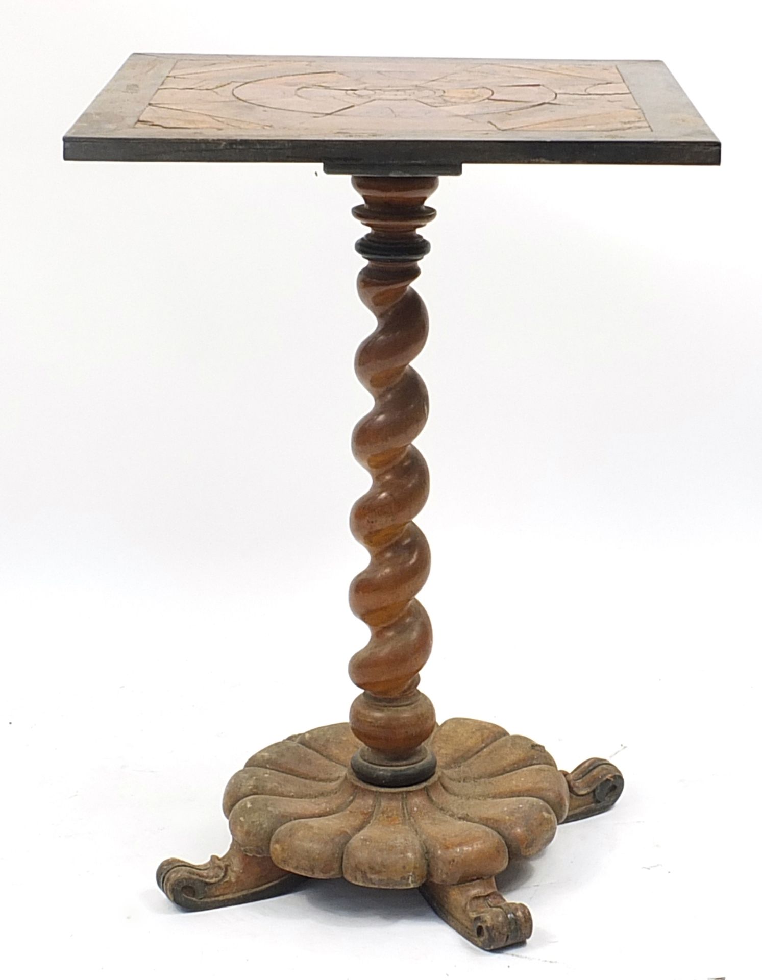 Antique fruitwood occasional table with barley twist support, 72cm H x 52cm W x 52cm D
